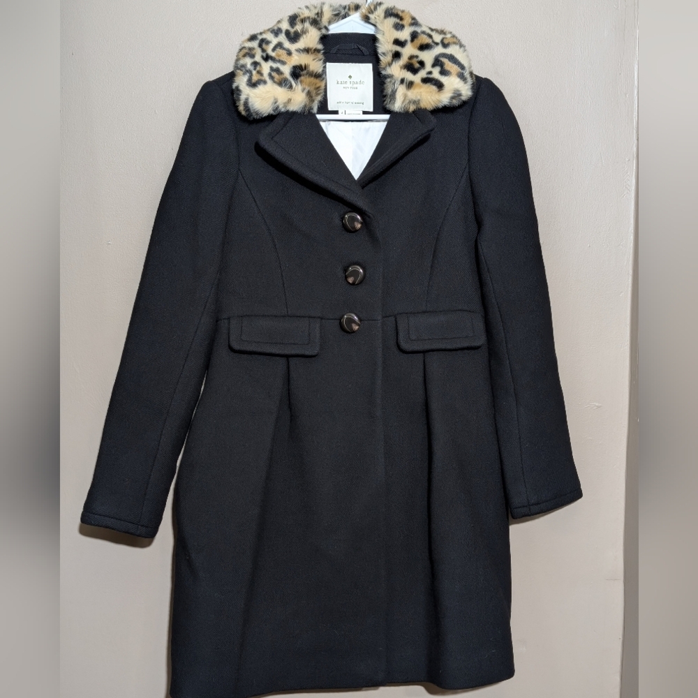 Kate Spade Long Wool Coat w/Leopard Collar, Size:4, Color:Black